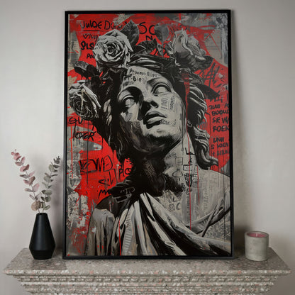 Graffiti Statue with Roses Canvas Print in black floating frame