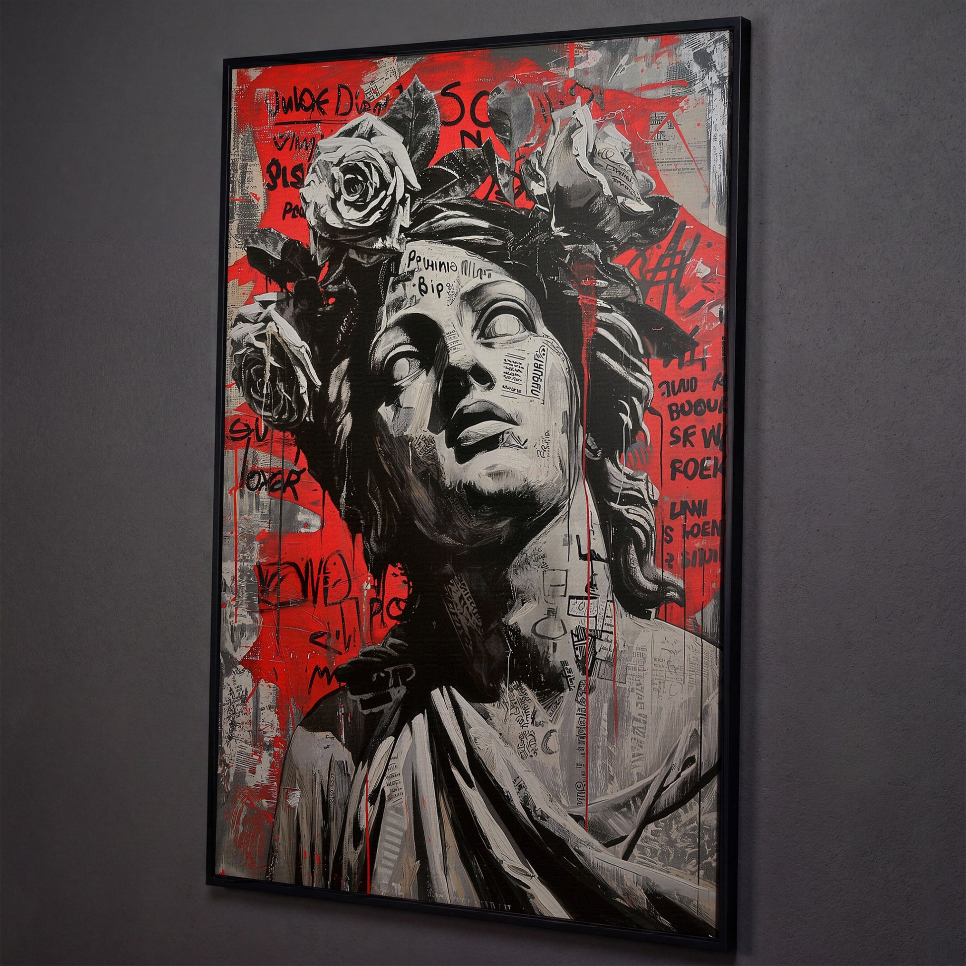 Graffiti Statue with Roses Canvas Print shown in black floating frame