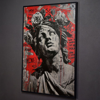 Graffiti Statue with Roses Canvas Print shown in black floating frame
