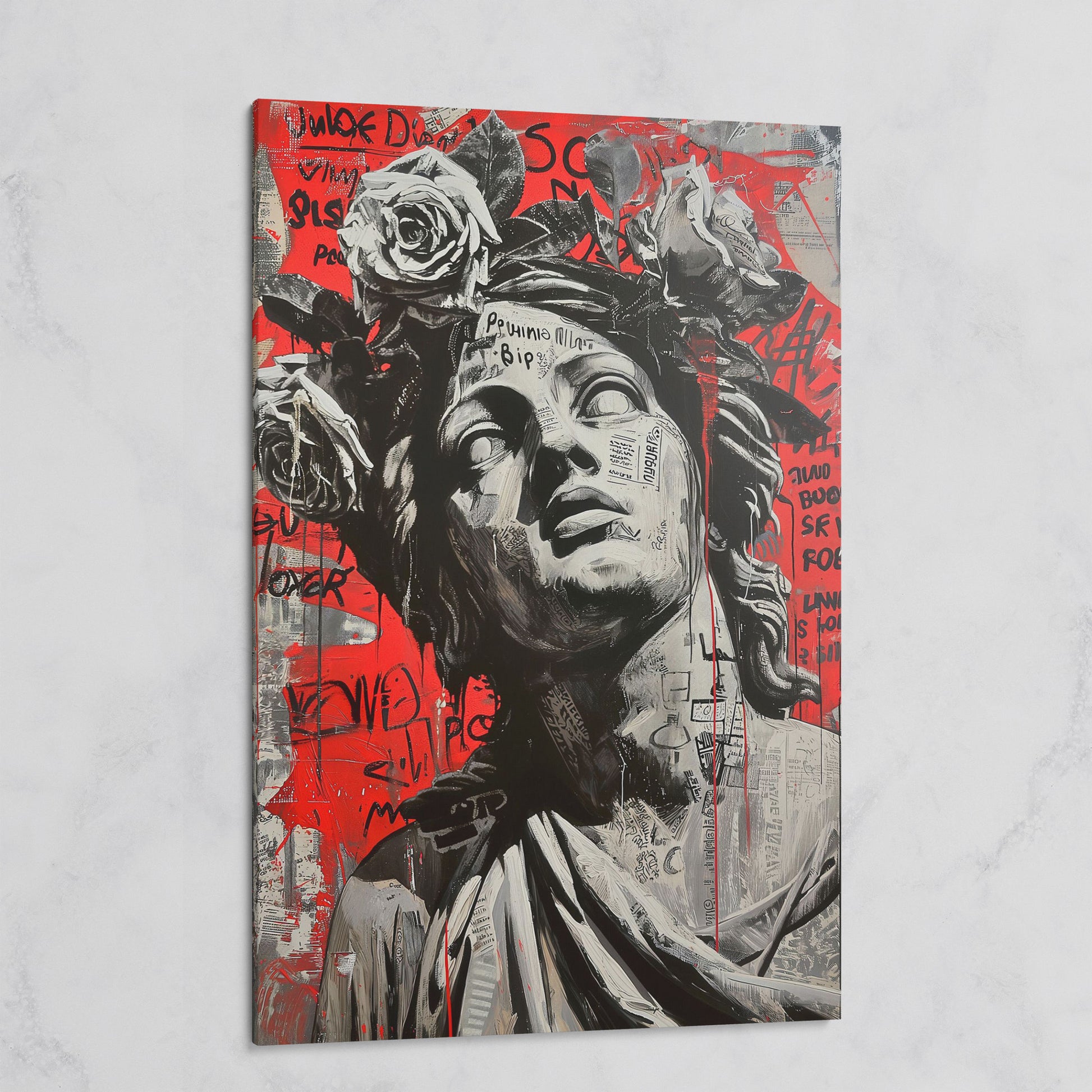 Graffiti Statue with Roses Canvas Print on gallery wrap
