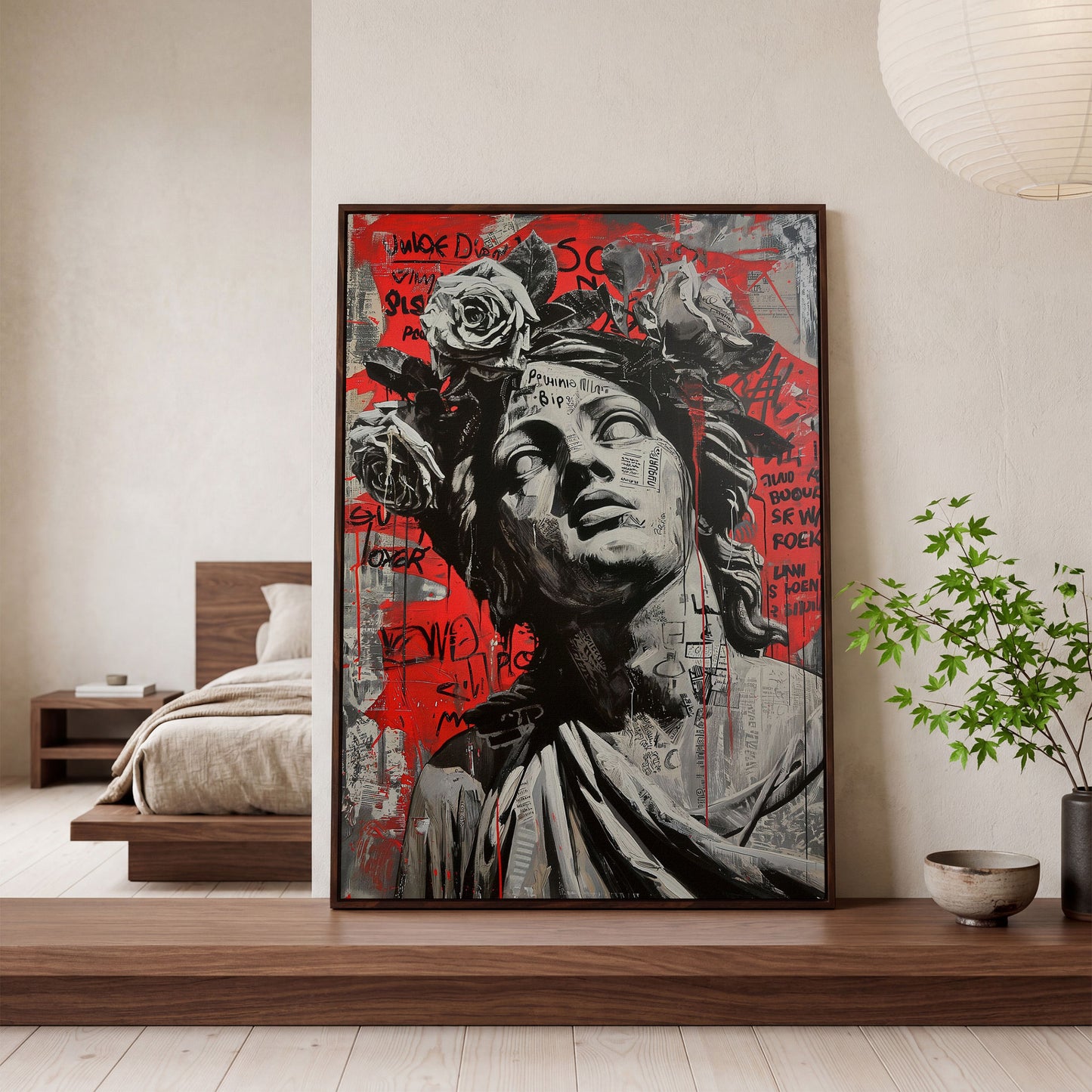Graffiti Statue with Roses Canvas Print in dark walnut floating frame