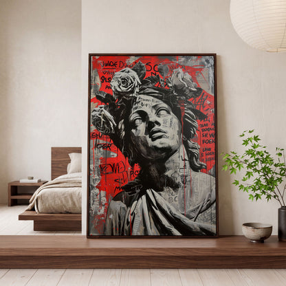 Graffiti Statue with Roses Canvas Print in dark walnut floating frame