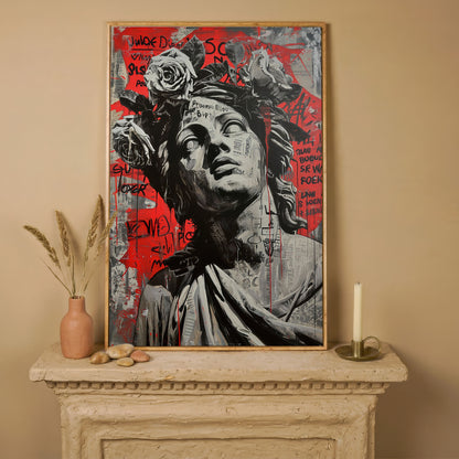 Graffiti Statue with Roses Canvas Print in white oak floating frame