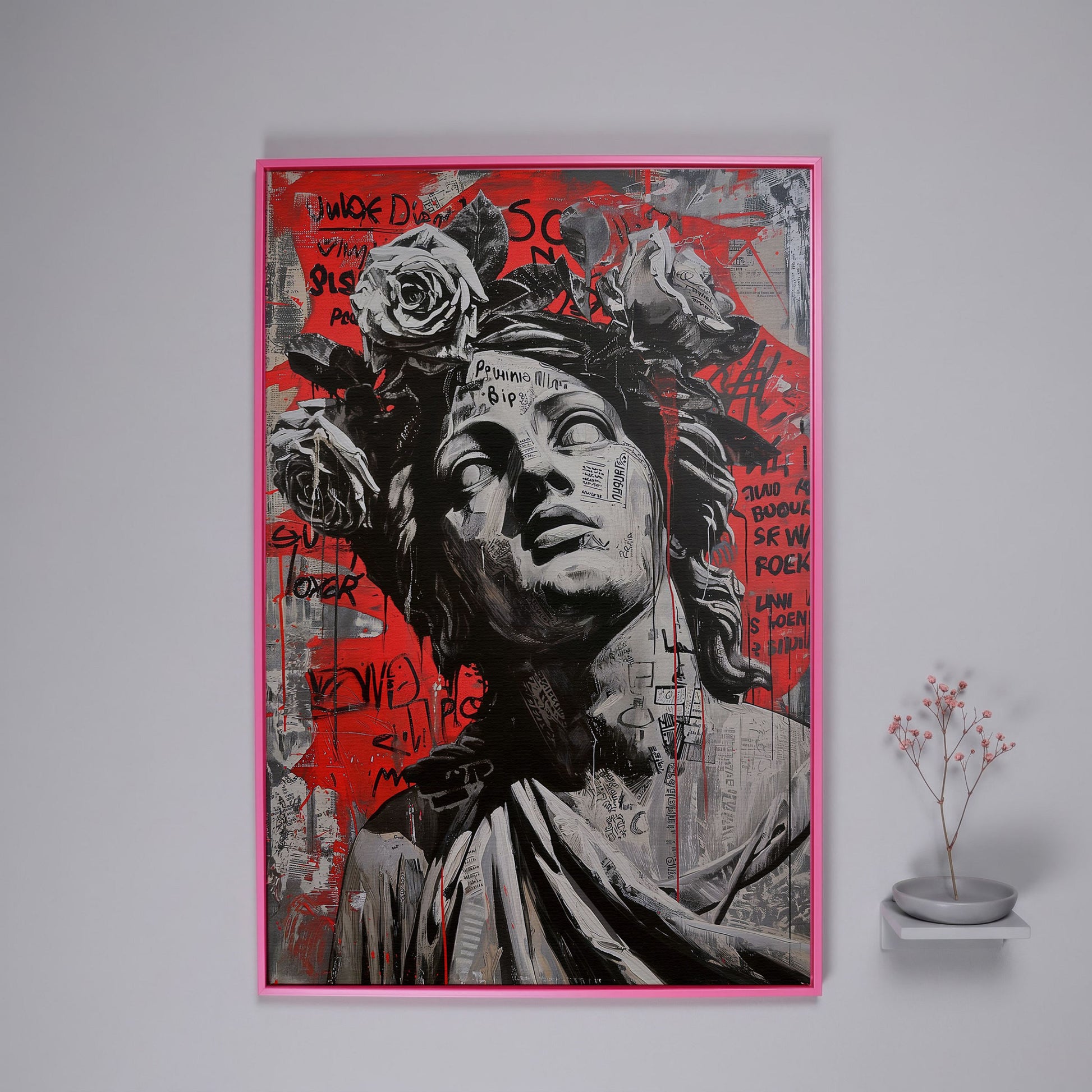 Graffiti Statue with Roses Canvas Print in pink floating frame