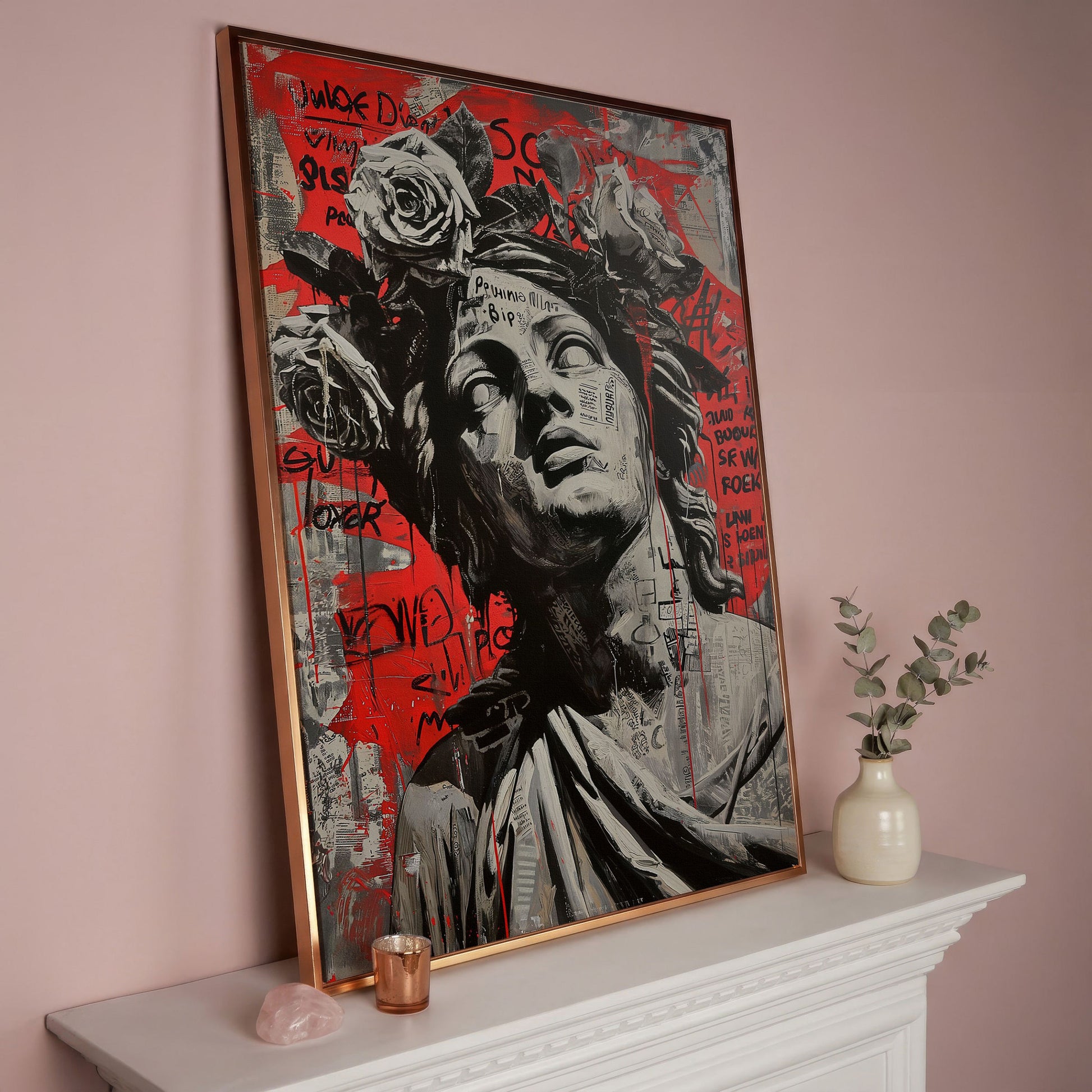 Graffiti Statue with Roses Canvas Print in rose gold floating frame