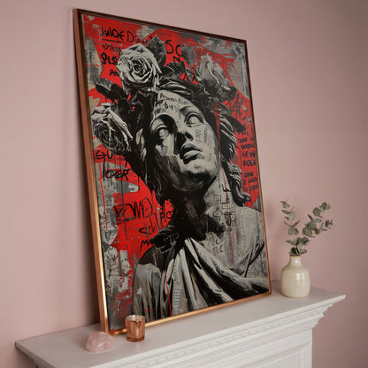 Graffiti Statue with Roses Canvas Print in rose gold floating frame