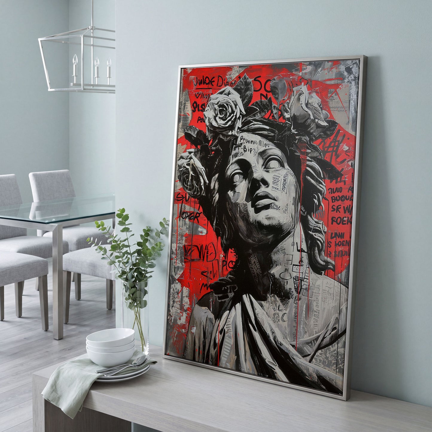 Graffiti Statue with Roses Canvas Print in silver floating frame