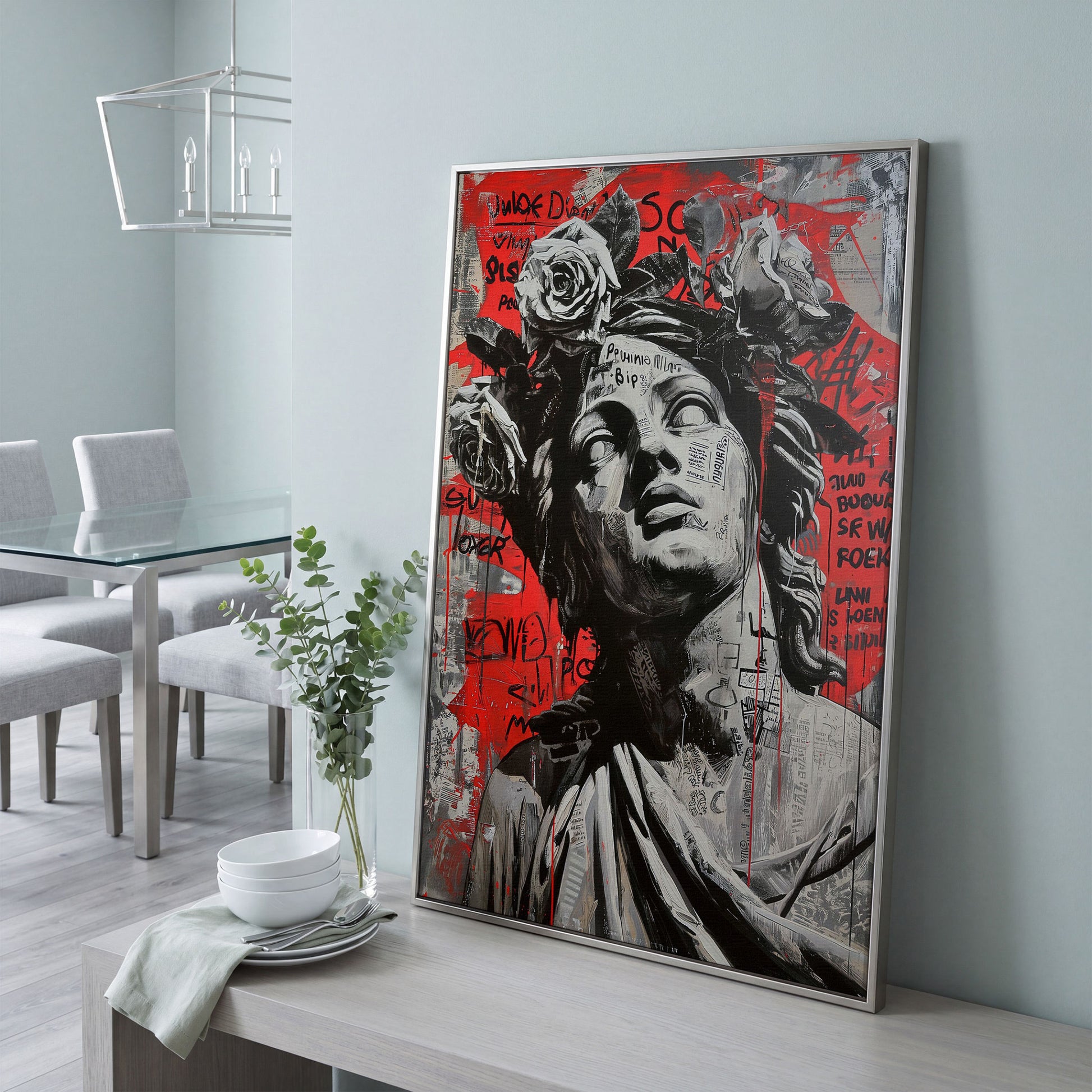 Graffiti Statue with Roses Canvas Print in silver floating frame