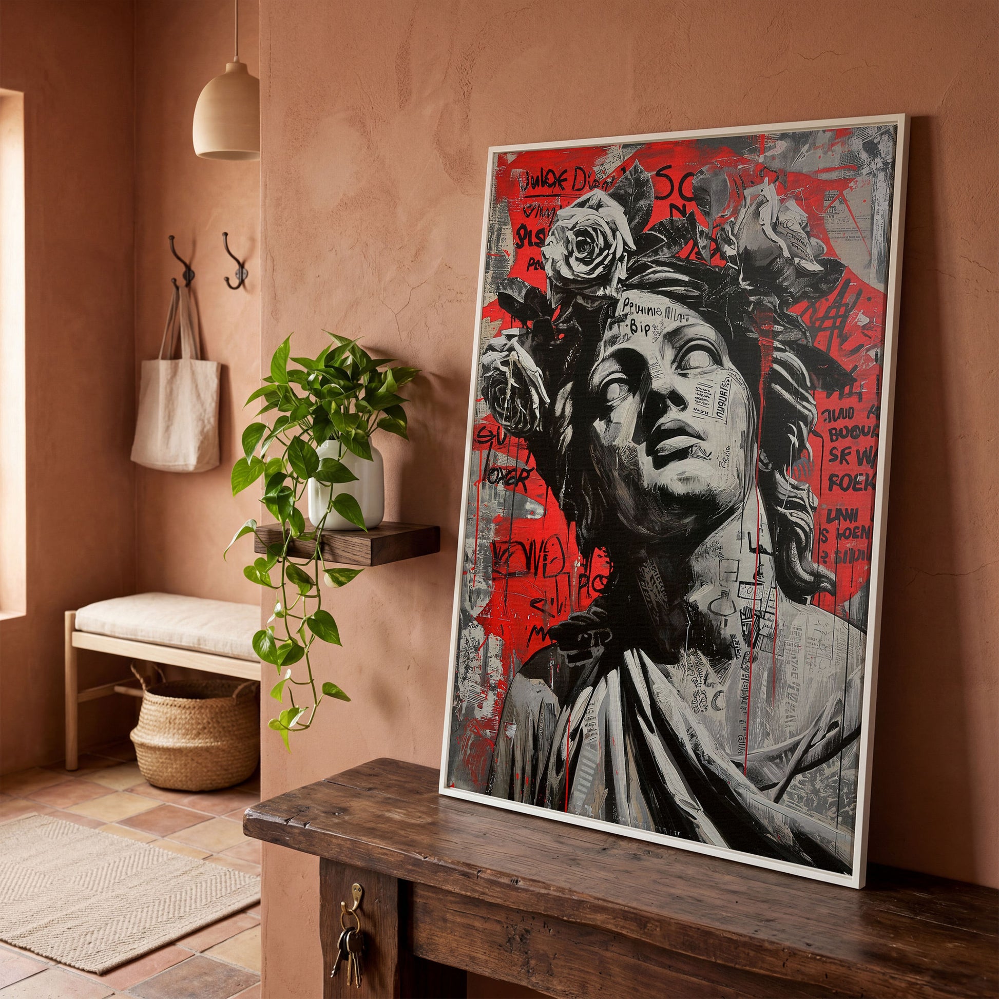 Graffiti Statue with Roses Canvas Print in white floating frame