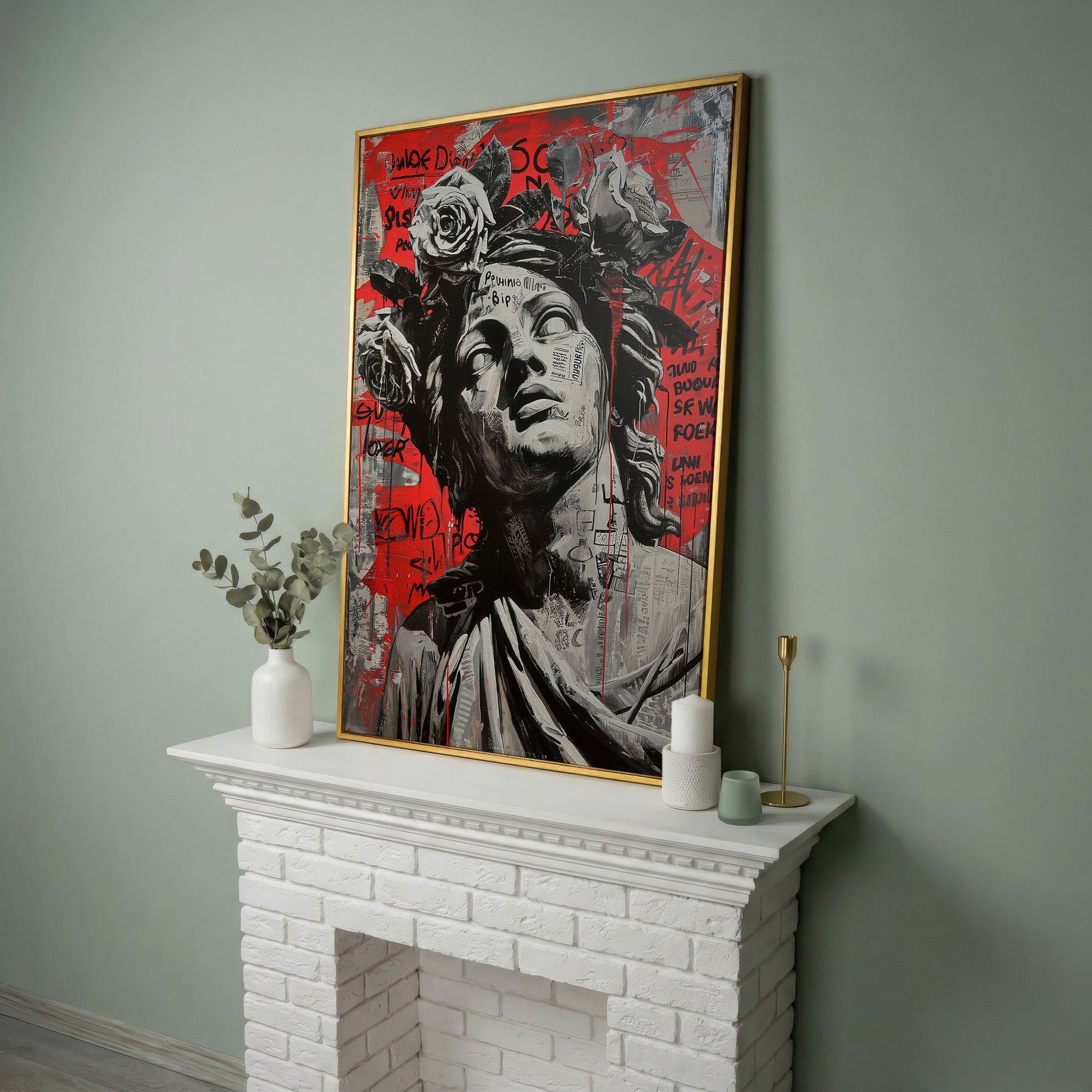 Graffiti Statue with Roses Canvas Print in yellow gold floating frame