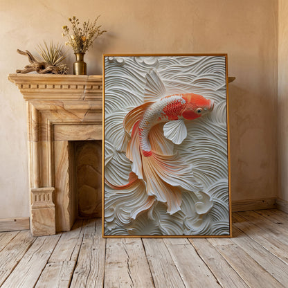 Koi Fish Canvas Print with Asian Aesthetic in antique gold floating frame