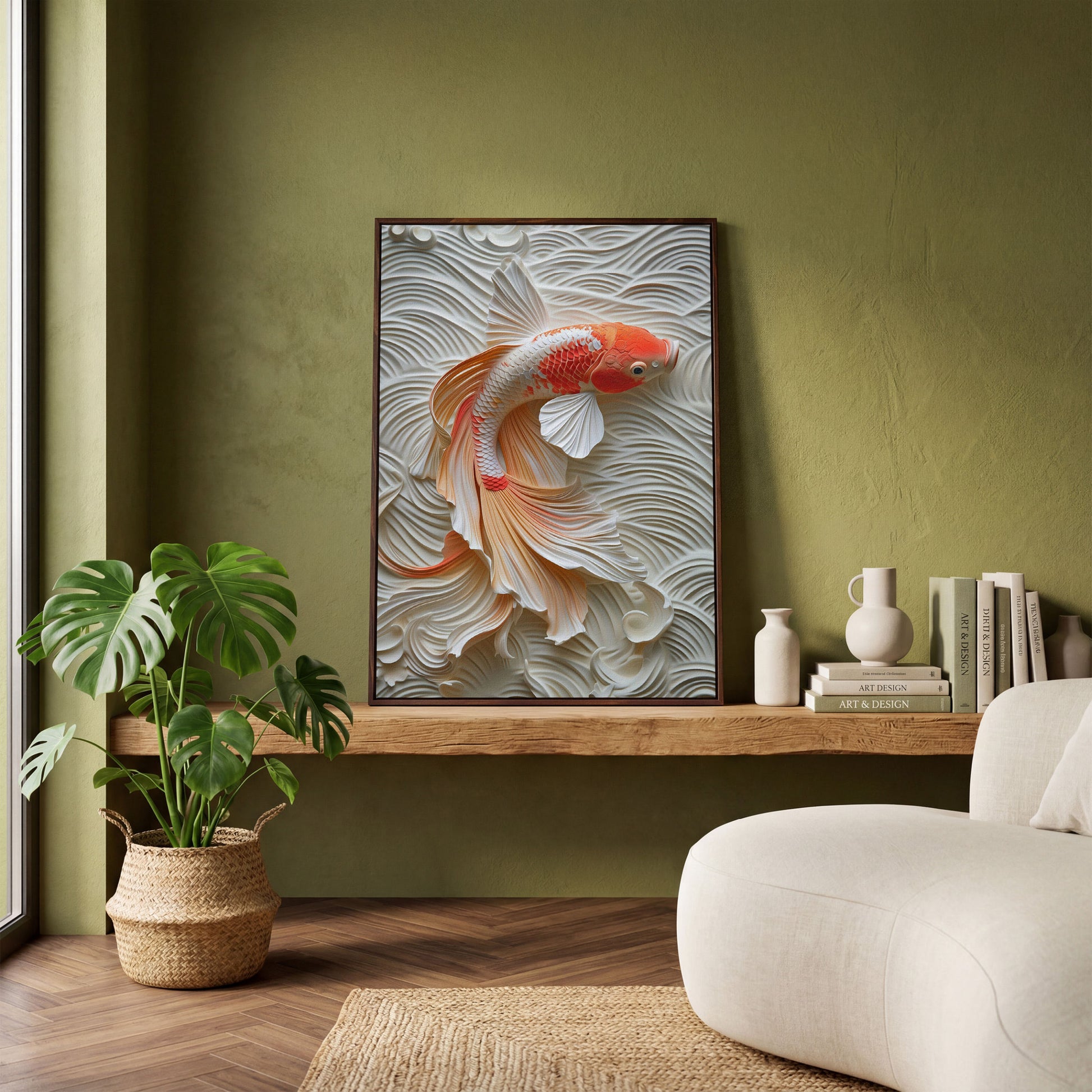 Koi Fish Canvas Print with Asian Aesthetic in dark walnut floating frame