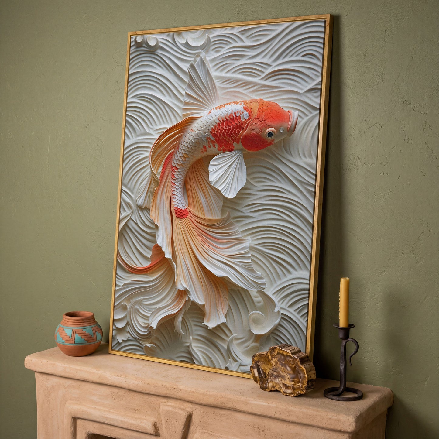 Koi Fish Canvas Print with Asian Aesthetic in white oak floating frame
