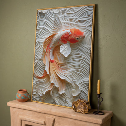 Koi Fish Canvas Print with Asian Aesthetic in white oak floating frame