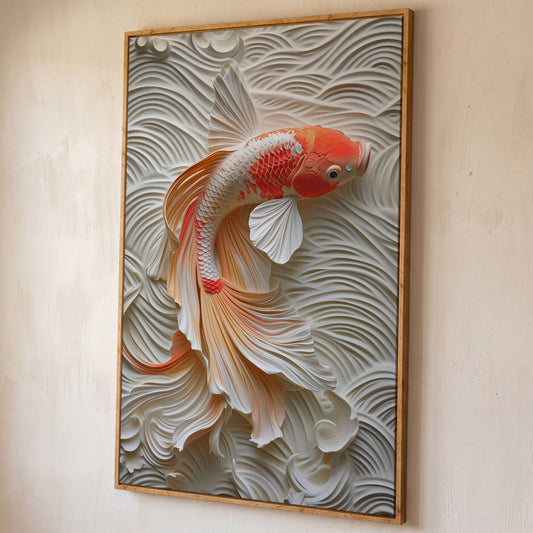 Koi Fish Canvas Print with Asian Aesthetic shown in white oak floating frame