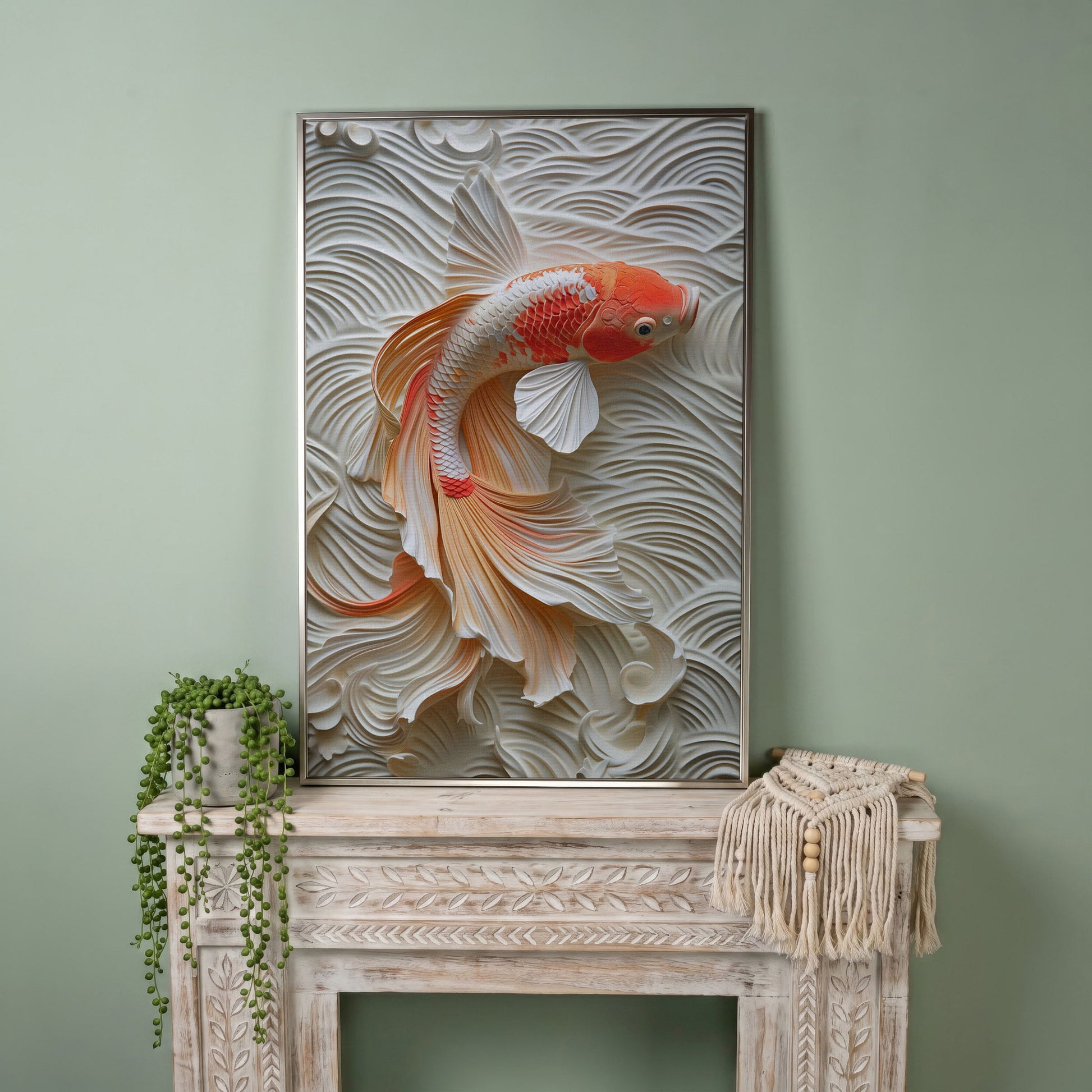 Koi Fish Canvas Print with Asian Aesthetic in silver floating frame
