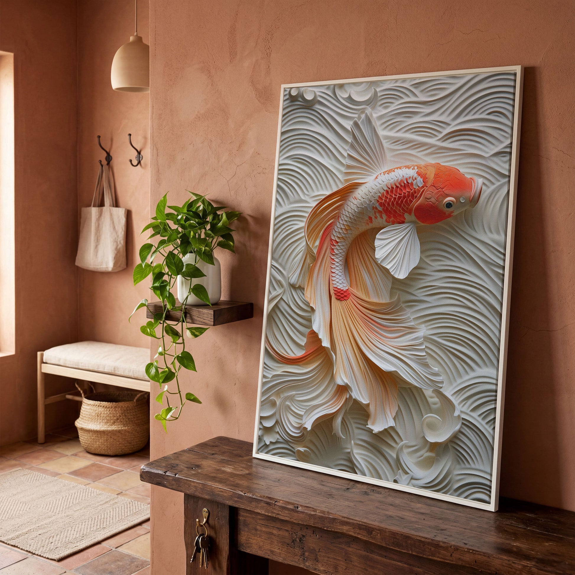 Koi Fish Canvas Print with Asian Aesthetic in white floating frame