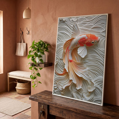 Koi Fish Canvas Print with Asian Aesthetic in white floating frame