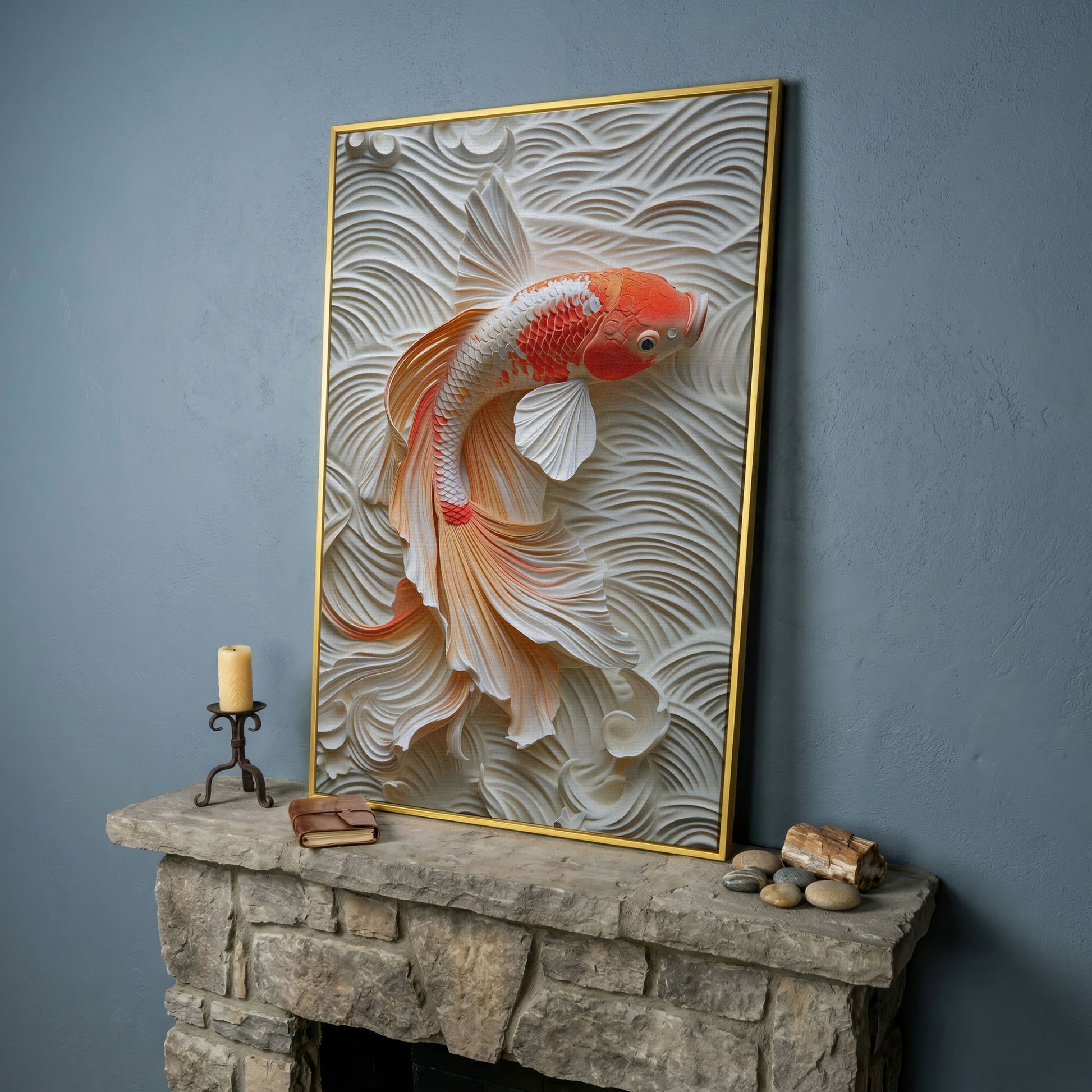 Koi Fish Canvas Print with Asian Aesthetic in yellow gold floating frame