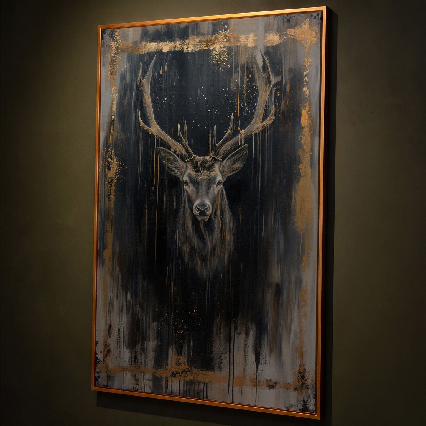 Deer Portrait Canvas Print with Antique Gold Accents shown in antique gold floating frame