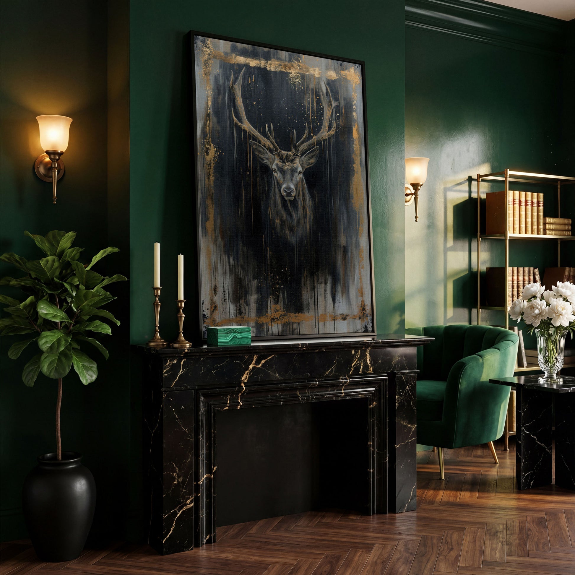 Deer Portrait Canvas Print with Antique Gold Accents in black floating frame
