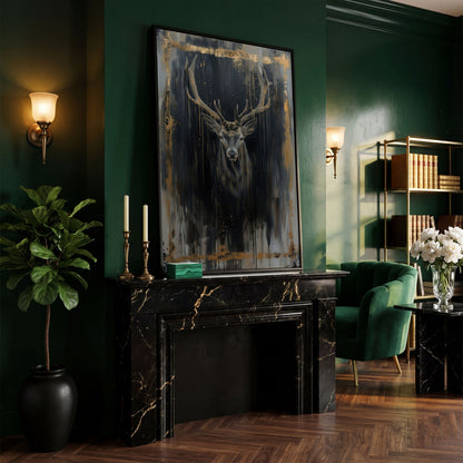 Deer Portrait Canvas Print with Antique Gold Accents in black floating frame