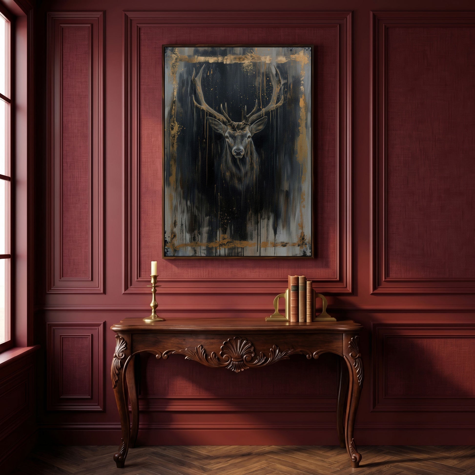Deer Portrait Canvas Print with Antique Gold Accents in dark walnut floating frame