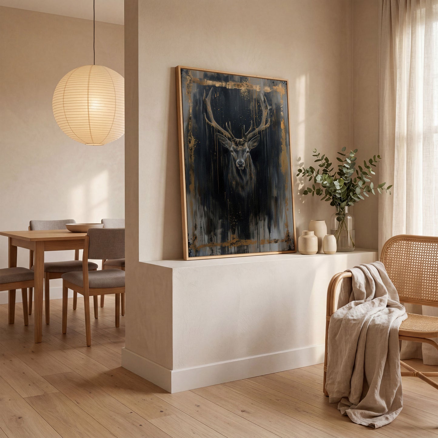 Deer Portrait Canvas Print with Antique Gold Accents in white oak floating frame