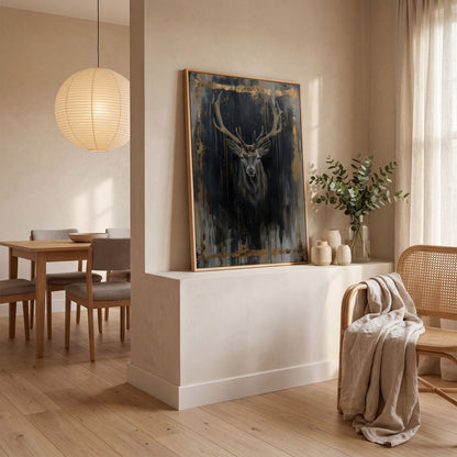 Deer Portrait Canvas Print with Antique Gold Accents in white oak floating frame
