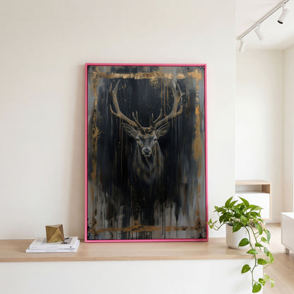 Deer Portrait Canvas Print with Antique Gold Accents in pink floating frame