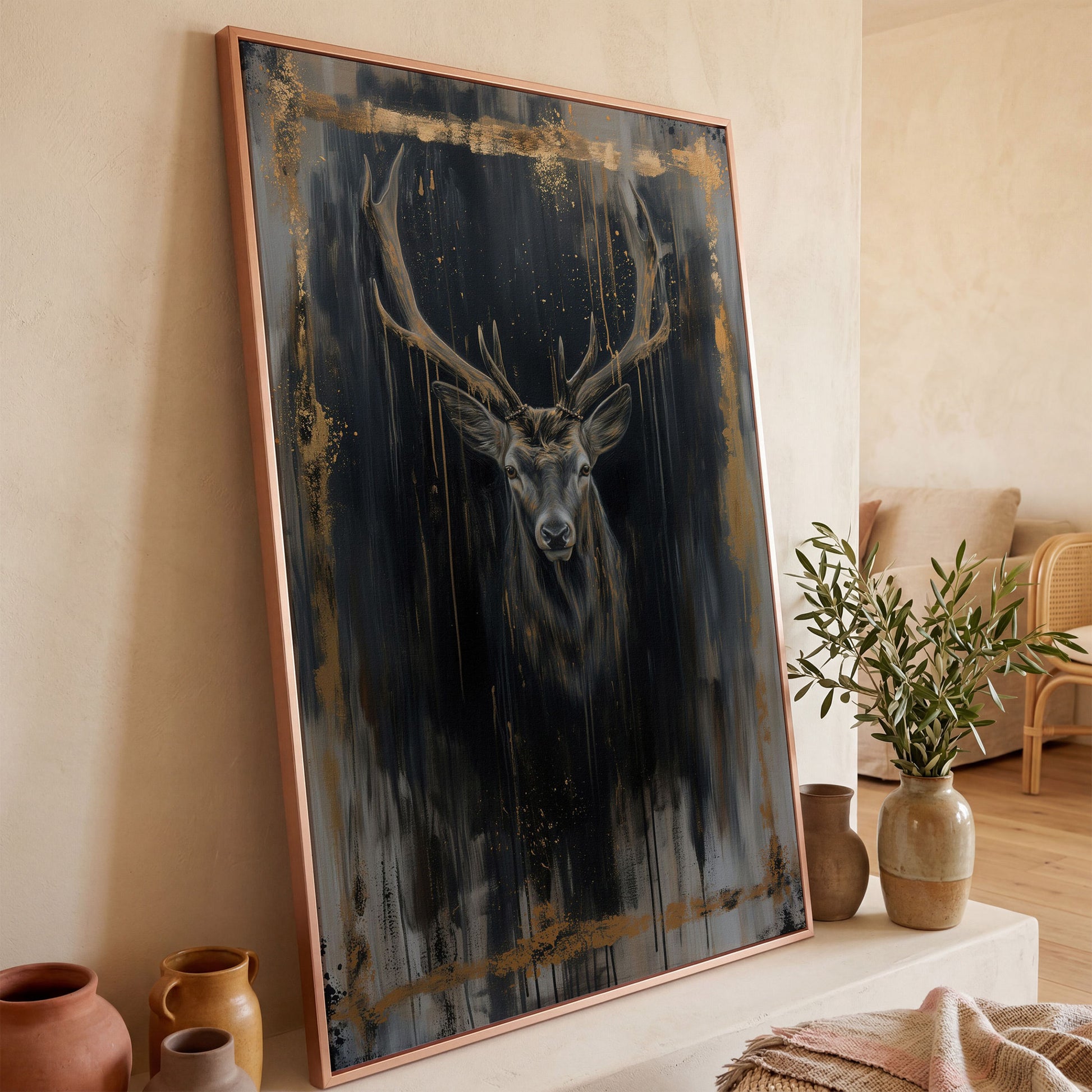 Deer Portrait Canvas Print with Antique Gold Accents in rose gold floating frame