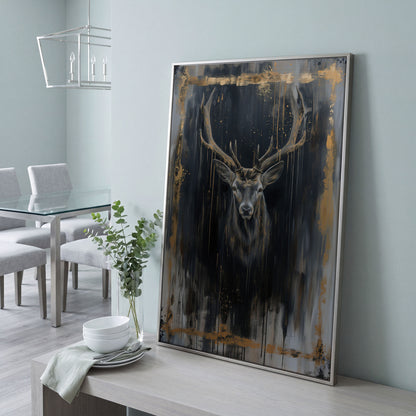 Deer Portrait Canvas Print with Antique Gold Accents in silver floating frame