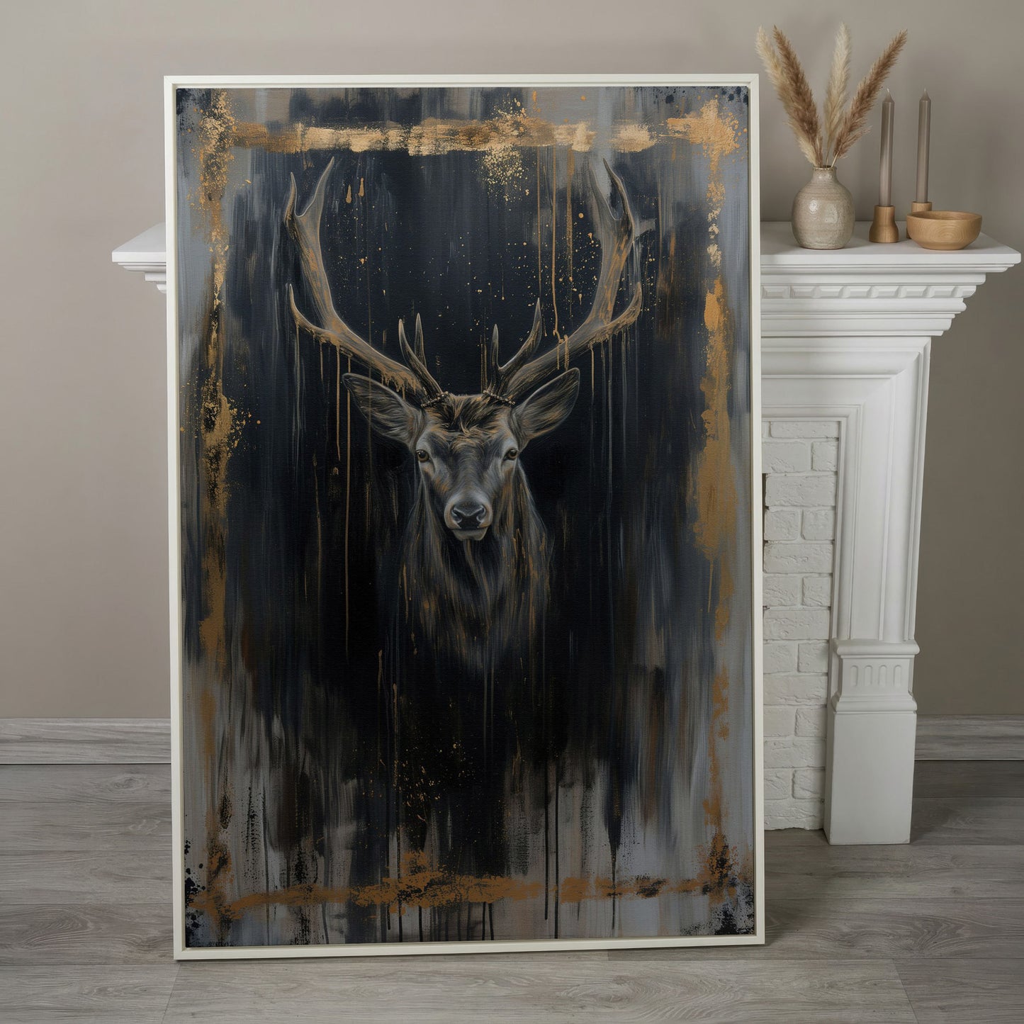 Deer Portrait Canvas Print with Antique Gold Accents in white floating frame