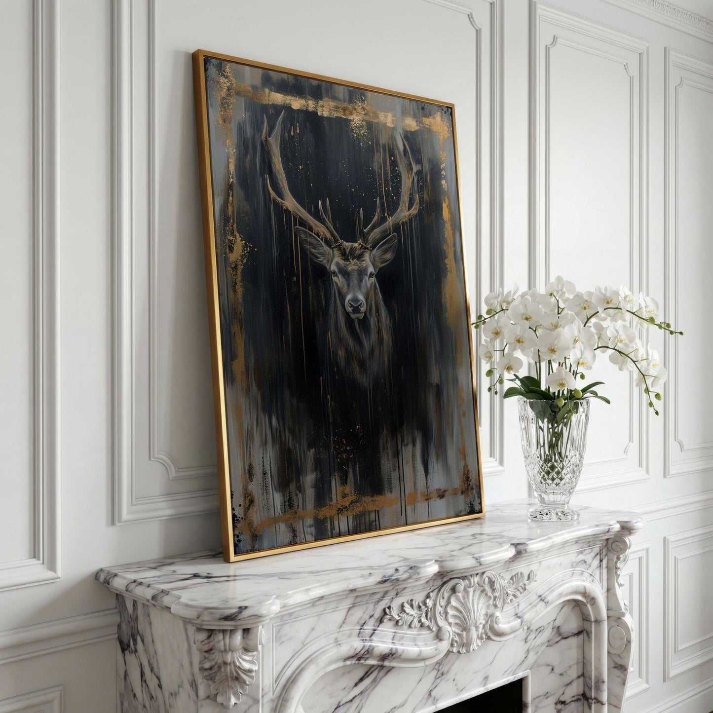 Deer Portrait Canvas Print with Antique Gold Accents in yellow gold floating frame