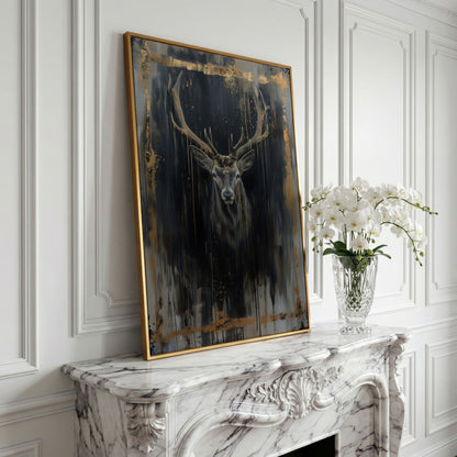 Deer Portrait Canvas Print with Antique Gold Accents in yellow gold floating frame