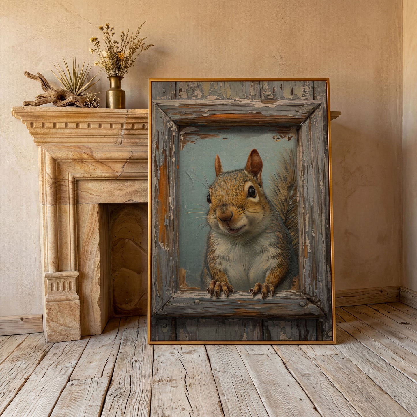 Squirrel Portrait Canvas Wall Art in antique gold floating frame