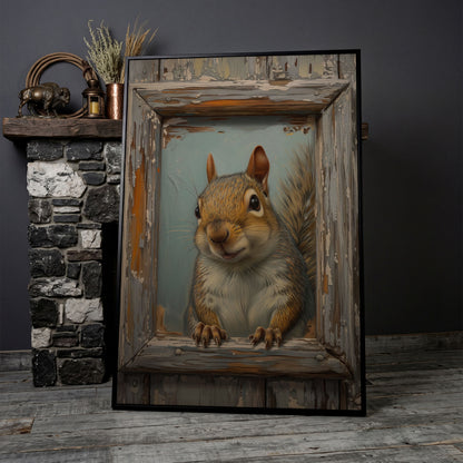 Squirrel Portrait Canvas Wall Art in black floating frame