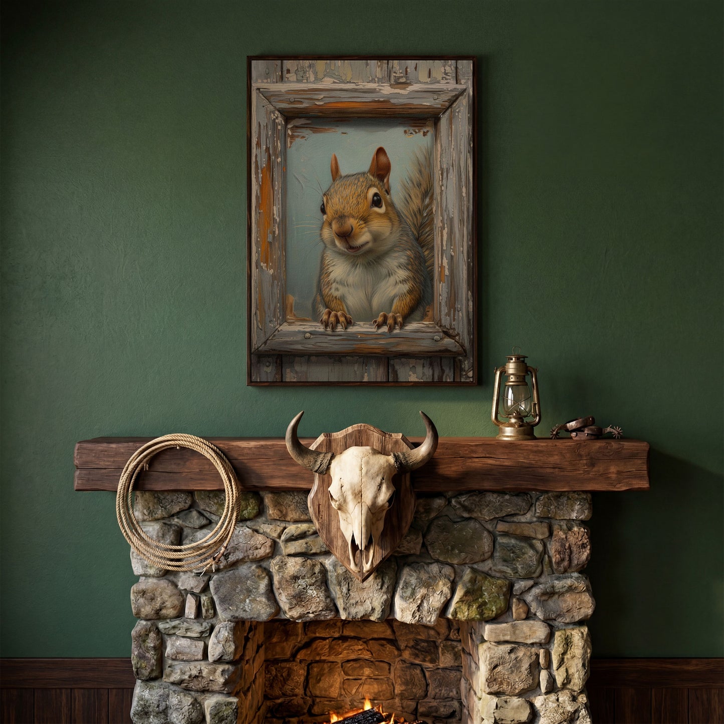 Squirrel Portrait Canvas Wall Art in dark walnut floating frame