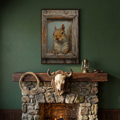 Squirrel Portrait Canvas Wall Art in dark walnut floating frame
