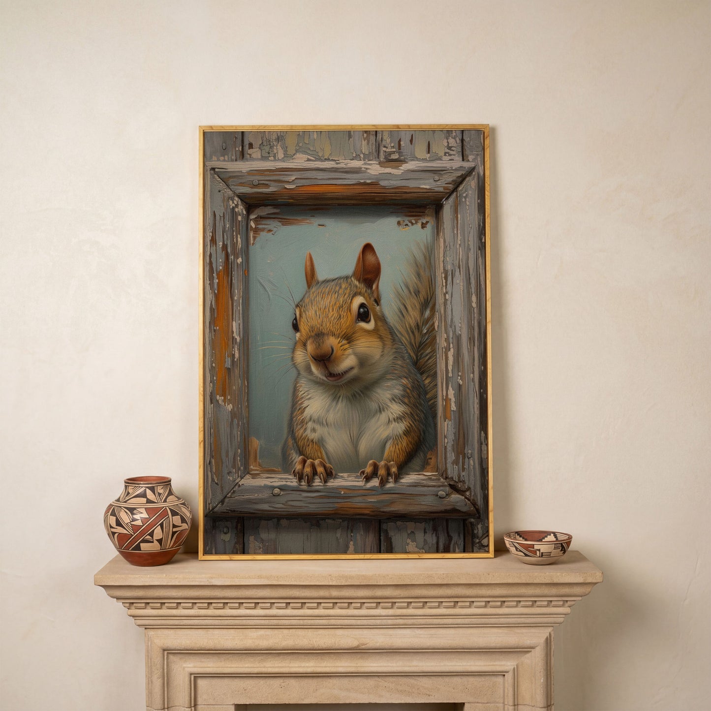 Squirrel Portrait Canvas Wall Art in white oak floating frame
