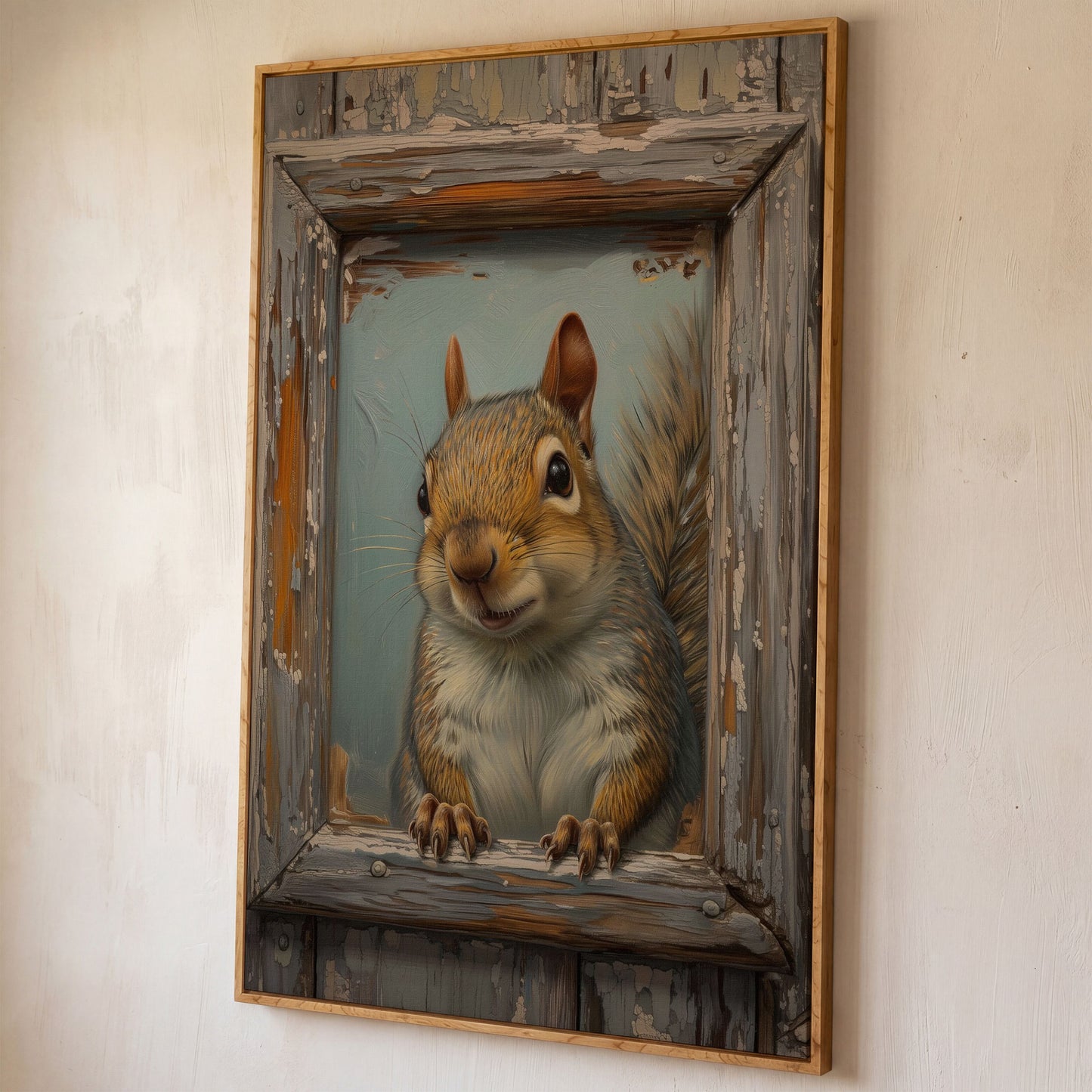 Squirrel Portrait Canvas Wall Art shown in white oak floating frame