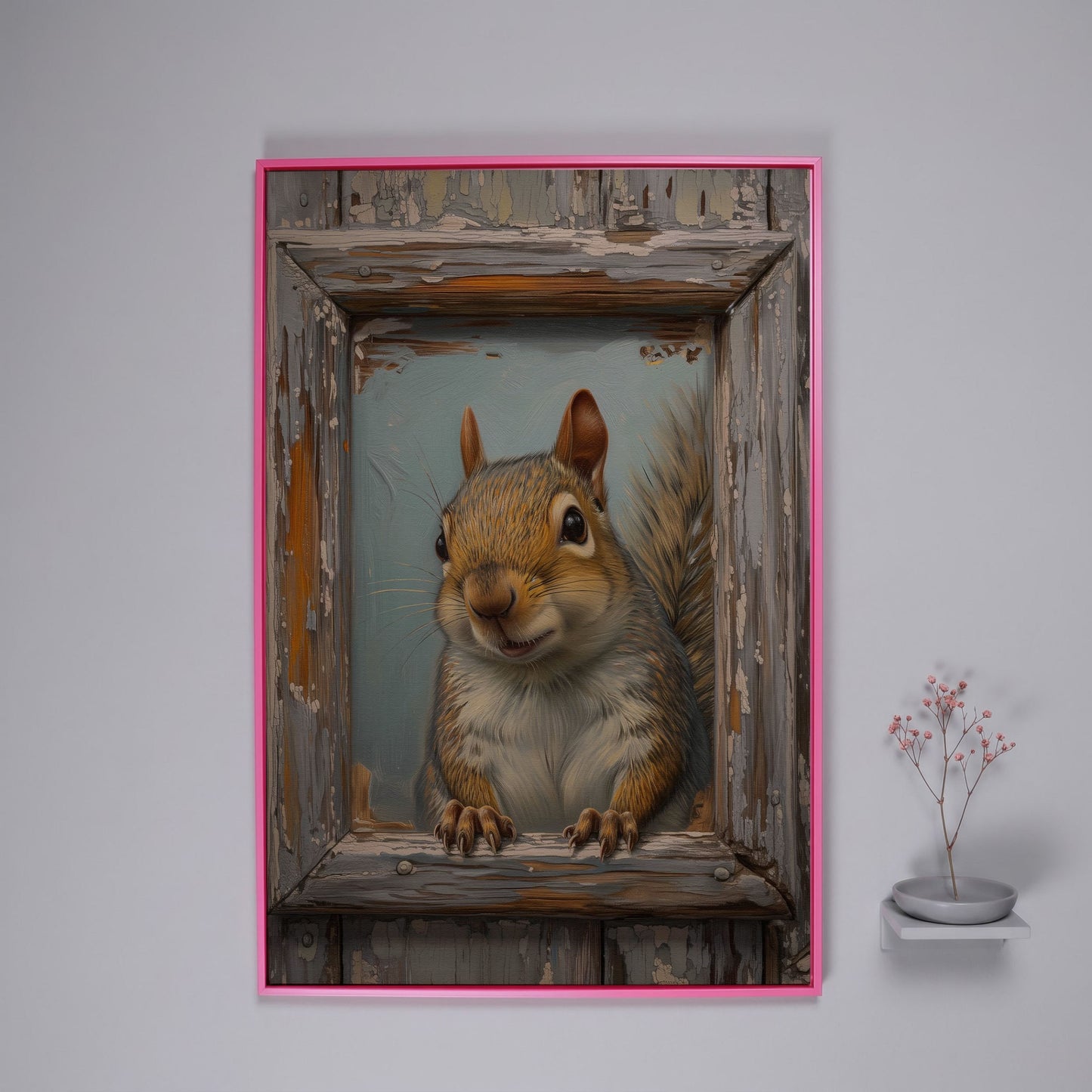 Squirrel Portrait Canvas Wall Art in pink floating frame