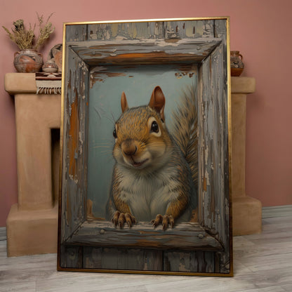 Squirrel Portrait Canvas Wall Art in rose gold floating frame