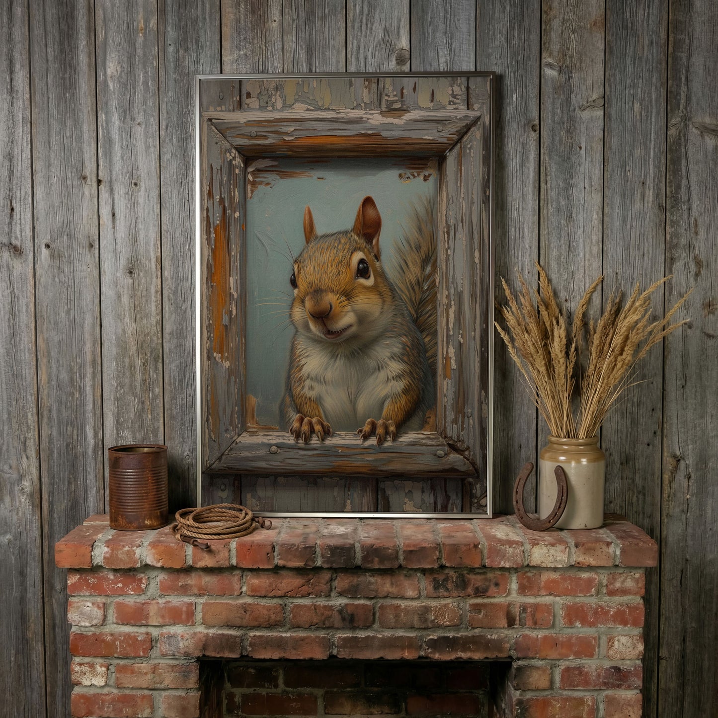 Squirrel Portrait Canvas Wall Art in silver floating frame