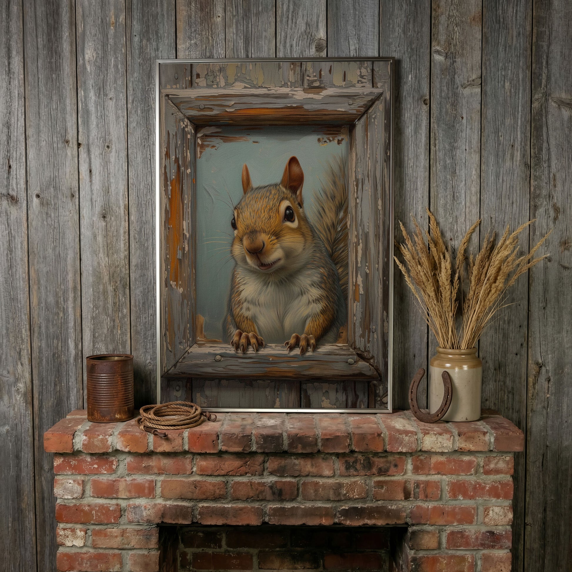 Squirrel Portrait Canvas Wall Art in silver floating frame