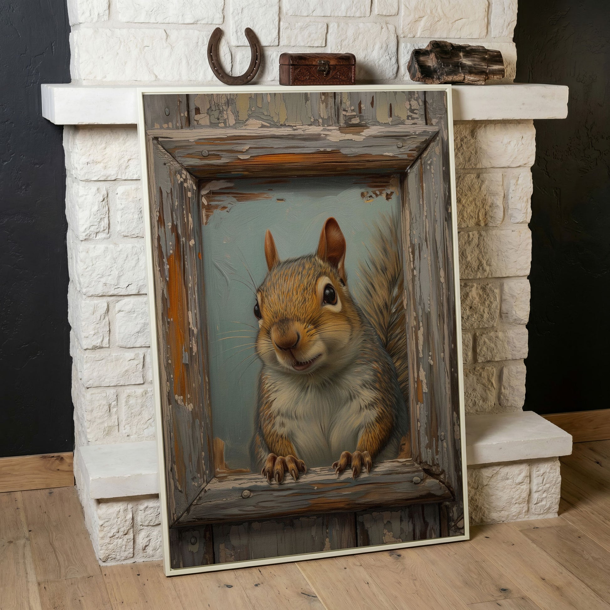 Squirrel Portrait Canvas Wall Art in white floating frame