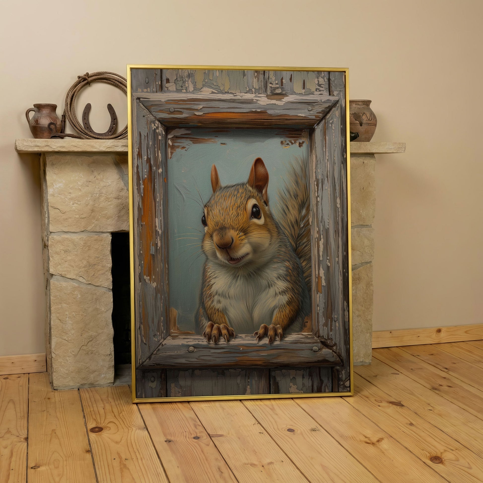 Squirrel Portrait Canvas Wall Art in yellow gold floating frame
