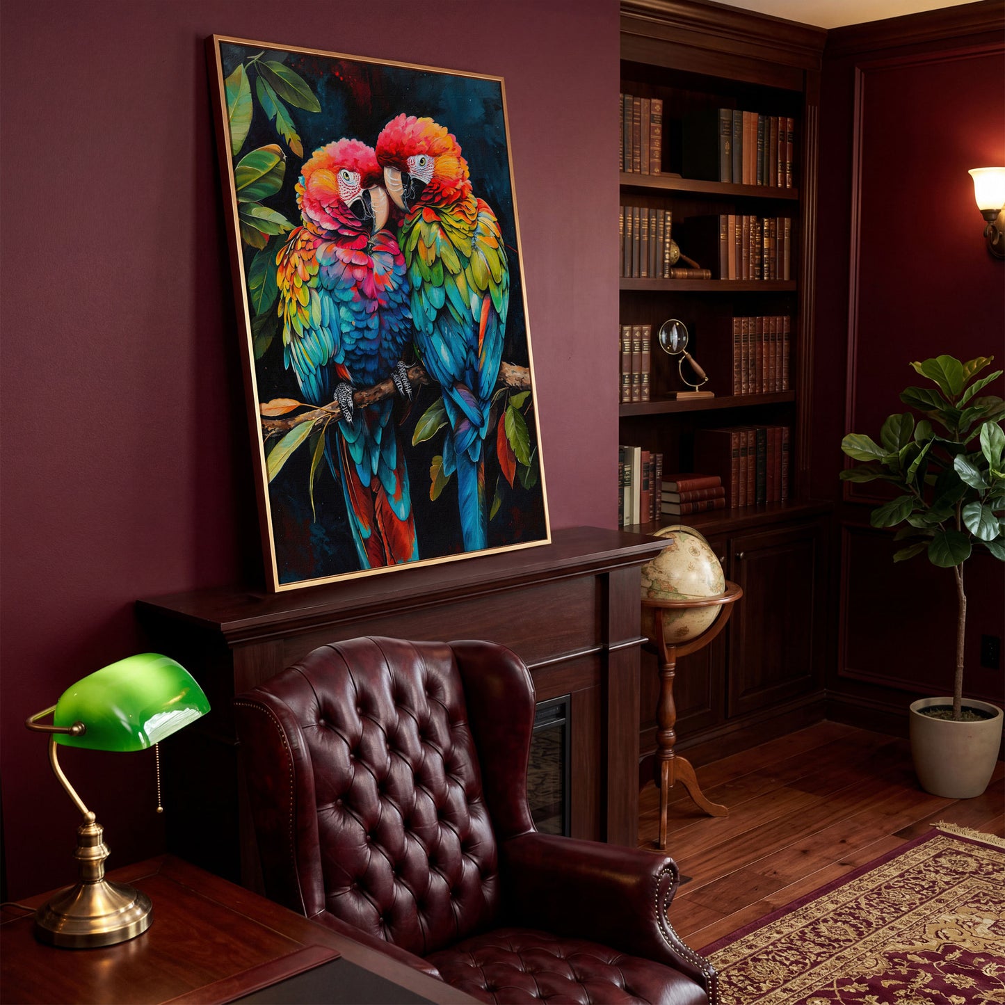 Colorful Macaws Canvas Print in antique gold floating frame