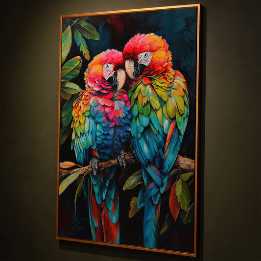 Colorful Macaws Canvas Print shown in antique gold floating frame