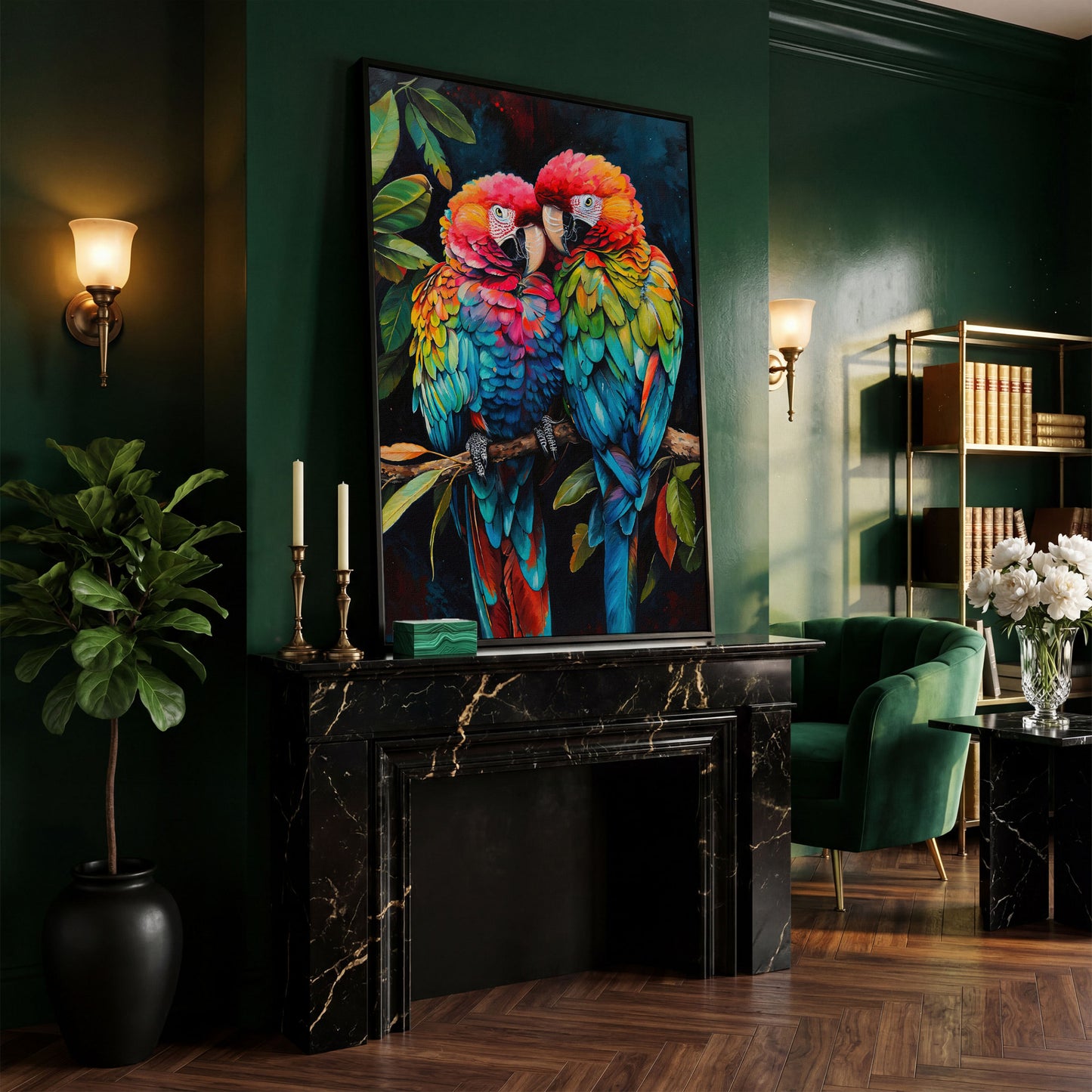 Colorful Macaws Canvas Print in black floating frame